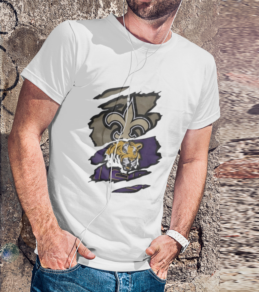 New Orleans Saints LSU Tigers Beneath The Surface Fleur De Lis Tiger Split T-Shirt
