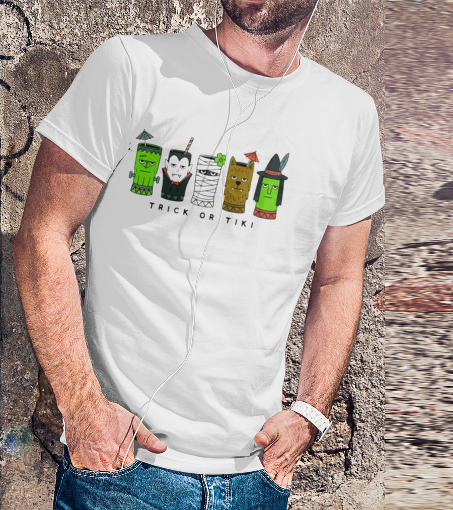 Trick Or Tiki Frankenstein Vampire Mummy Werewolf Witch Halloween T-Shirt