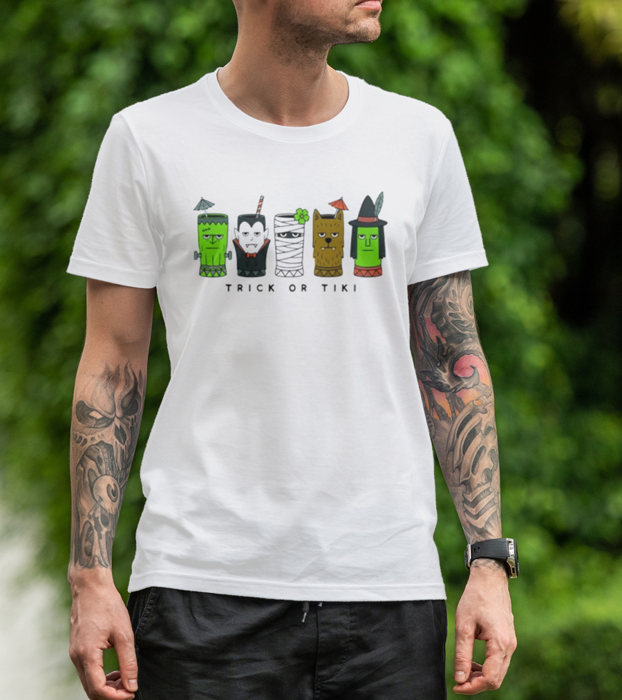 Trick Or Tiki Frankenstein Vampire Mummy Werewolf Witch Halloween T-Shirt