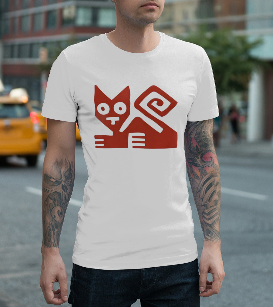 Peruvian Cat Nazca Lines Style Geometric Red T-Shirt