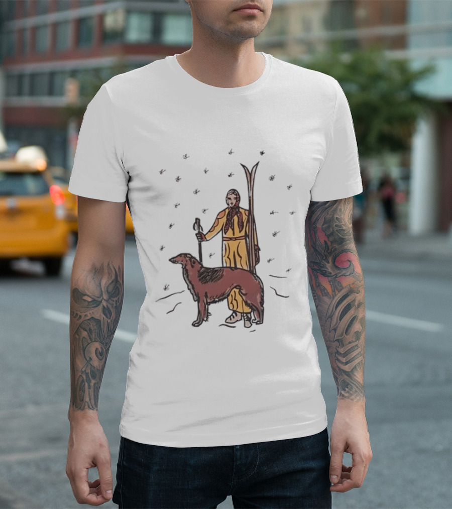 Woman Skiing With Borzoi Dog In Winter Sports Scene T-Shirt