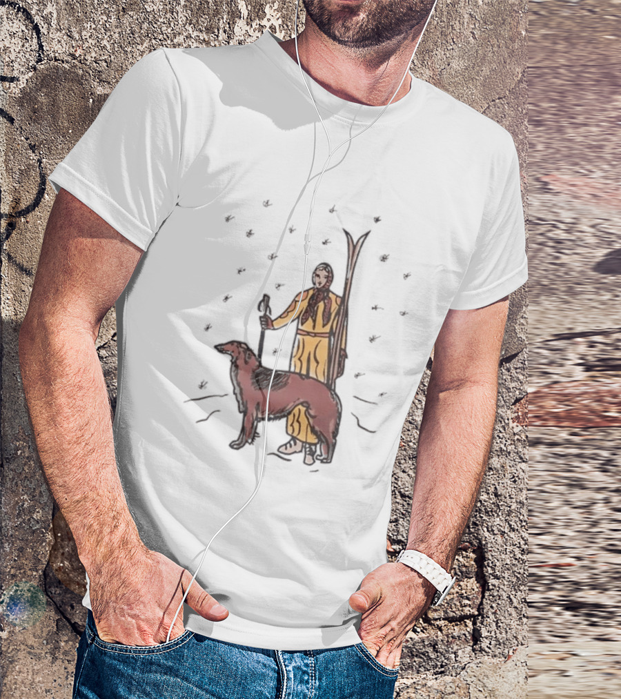 Woman Skiing With Borzoi Dog In Winter Sports Scene T-Shirt