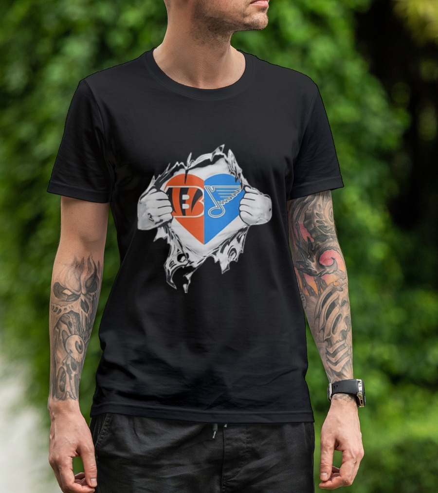 Bengals Blues Tattered Heart Shape Split Symbol With Hands T-Shirt
