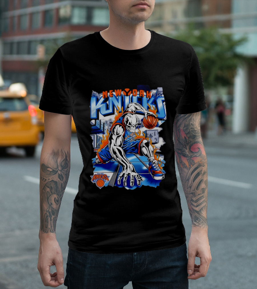 New York Knicks NBA Basketball Skull Player And City Flames T-Shirt