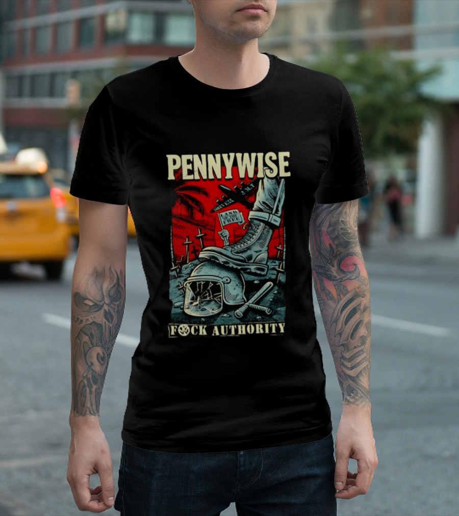 Pennywise Fock Authority Land Of The Free Forever Dystopian Punk Imagery With Boot And Helmet T-Shirt
