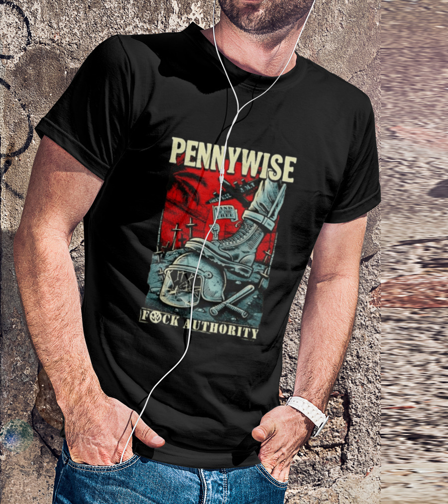 Pennywise Fock Authority Land Of The Free Forever Dystopian Punk Imagery With Boot And Helmet T-Shirt