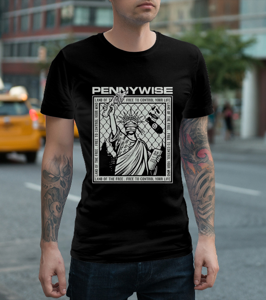 Pennywise Land Of The Free Liberty 25 Years 2001 2026 Control Your Mind Statue Bomb T-Shirt
