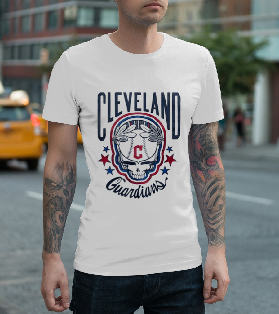 Cleveland Guardians Skull Baseball Laurel Wreath Stars T-Shirt