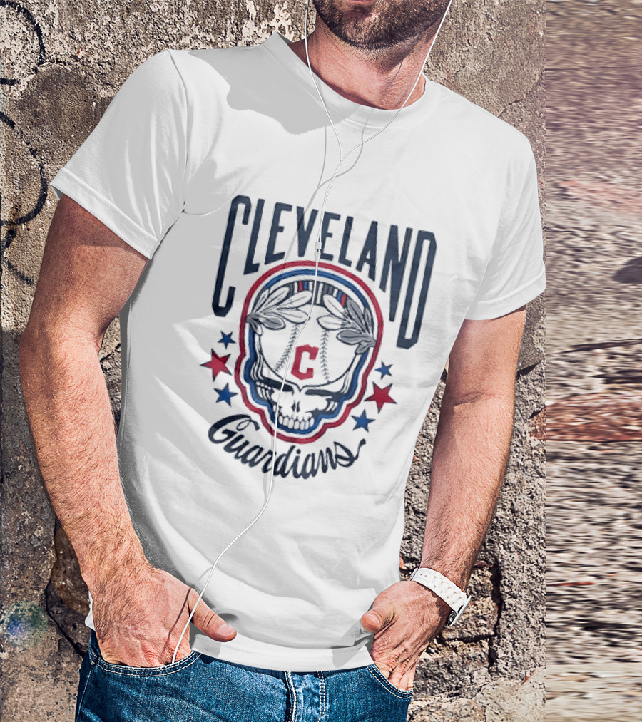 Cleveland Guardians Skull Baseball Laurel Wreath Stars T-Shirt
