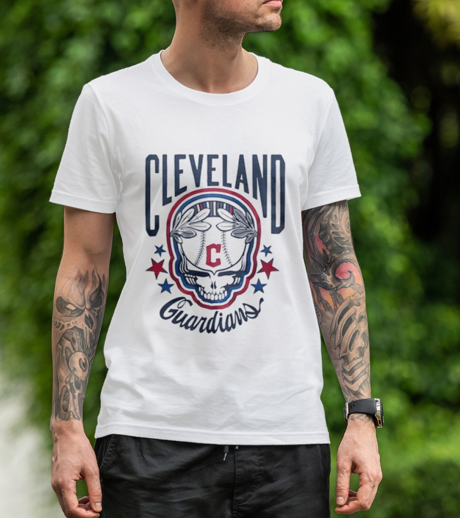 Cleveland Guardians Skull Baseball Laurel Wreath Stars T-Shirt