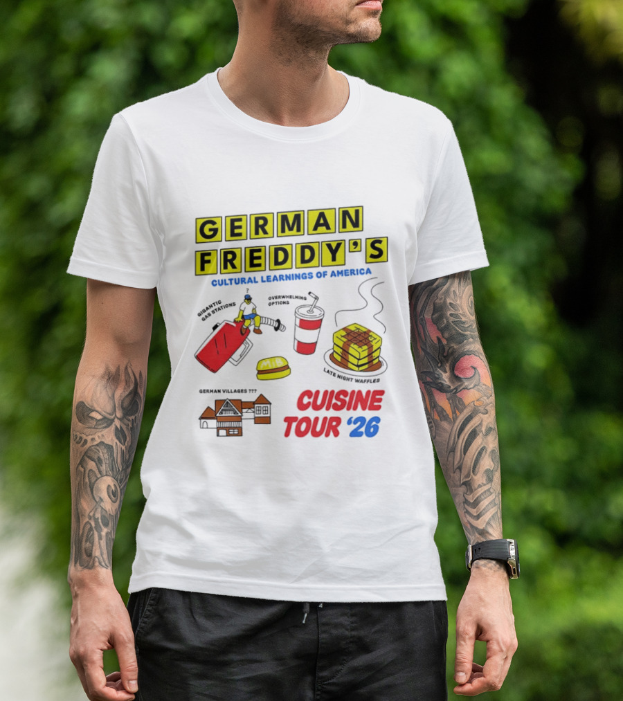 German Freddy's Cultural Learnings Of America Cuisine Tour '26 Village Fest Waffle Burger Soda T-Shirt