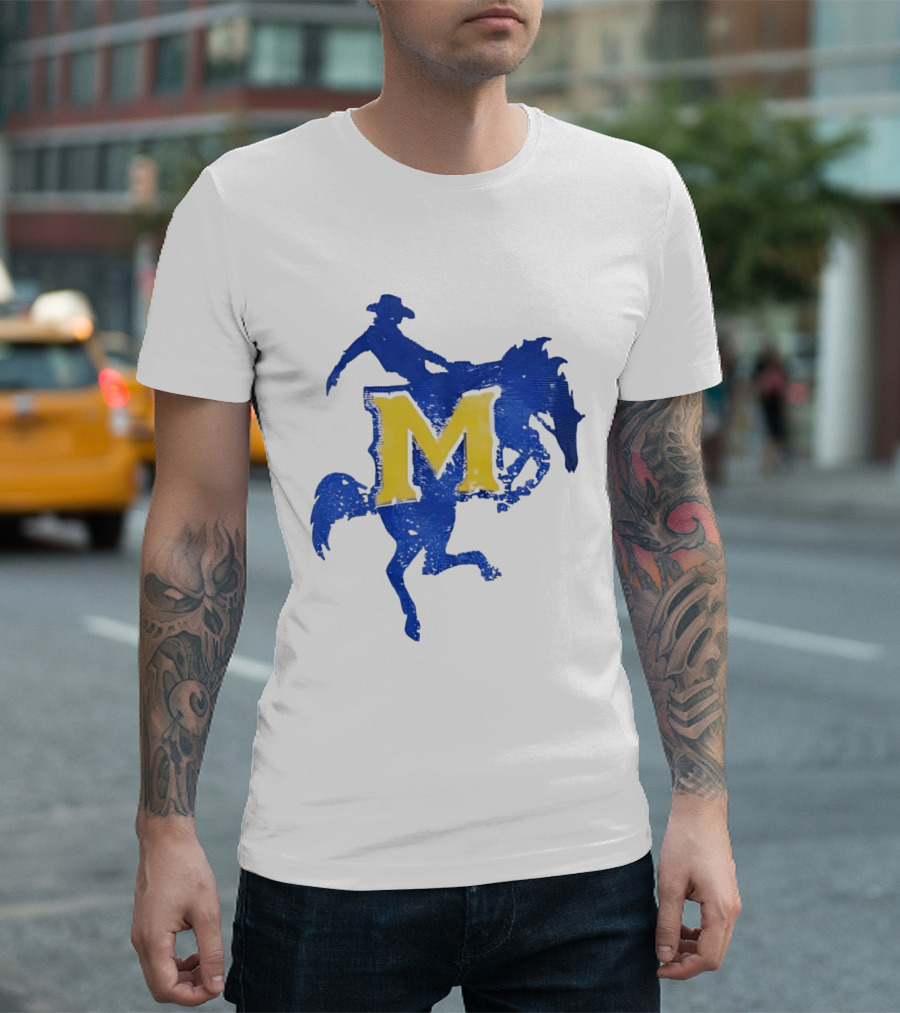 McNeese State University Cowboy M Letter Blue And Yellow T-Shirt