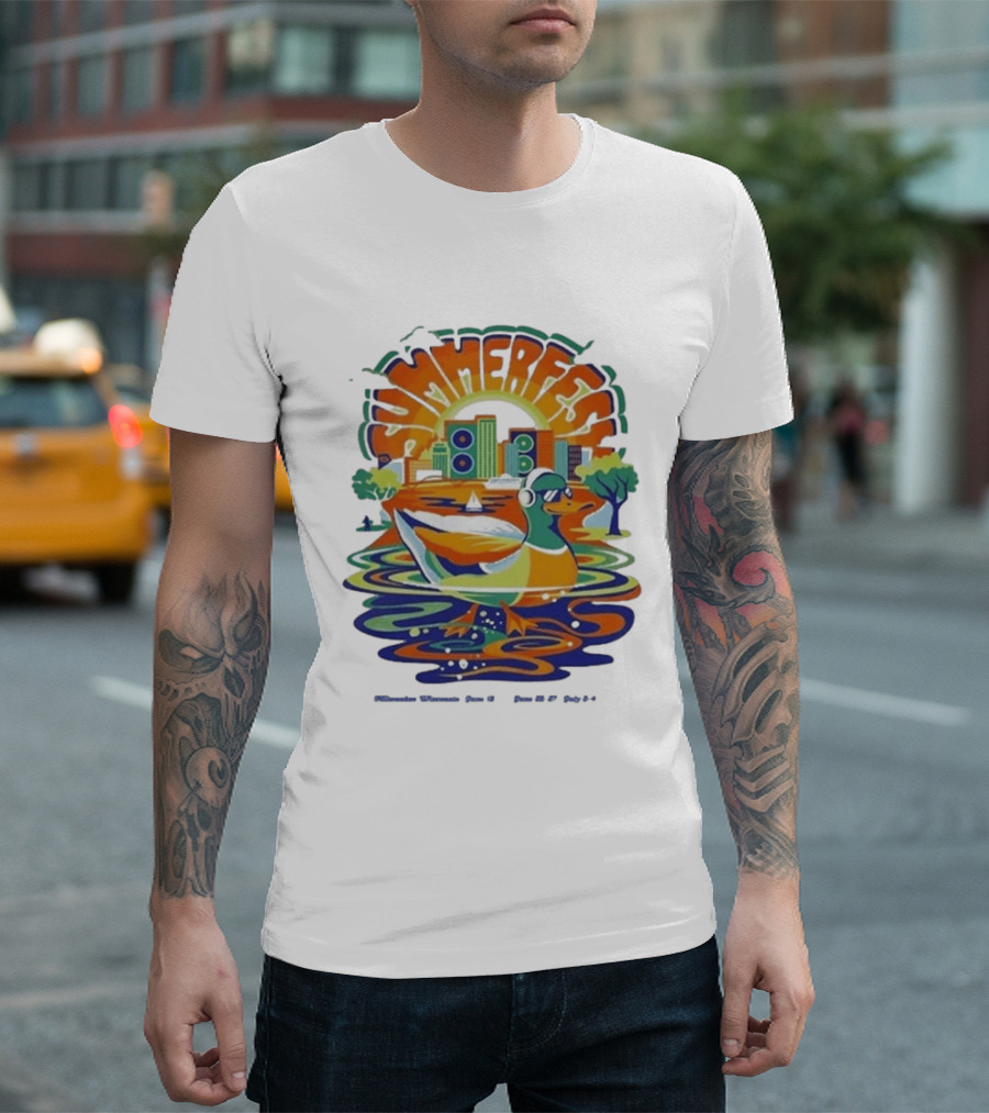 Summerfest Music Festival Milwaukee June 18 20 2026 Duck Art With Headphones Cityscape T-Shirt