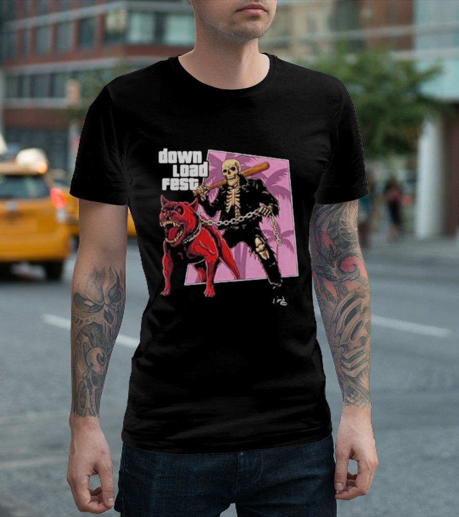 Download Fest Skeleton With Dog Baseball Bat June 2026 Grand Fest Auto GTA T-Shirt