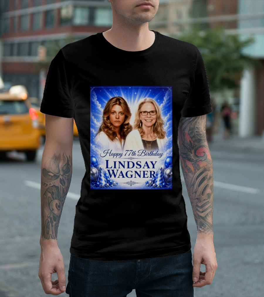 Happy 77th Birthday Celebration Lindsay Wagner Blue Party Balloons T-Shirt