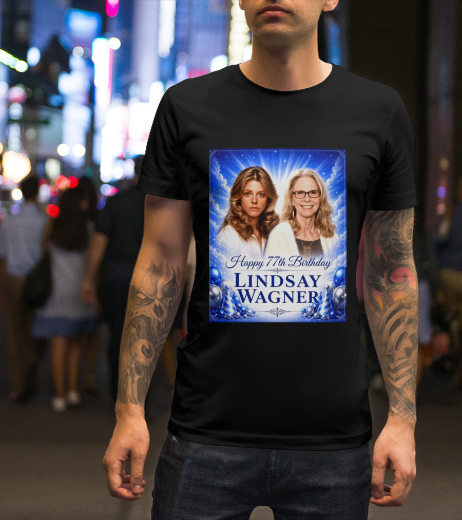 Happy 77th Birthday Celebration Lindsay Wagner Blue Party Balloons T-Shirt