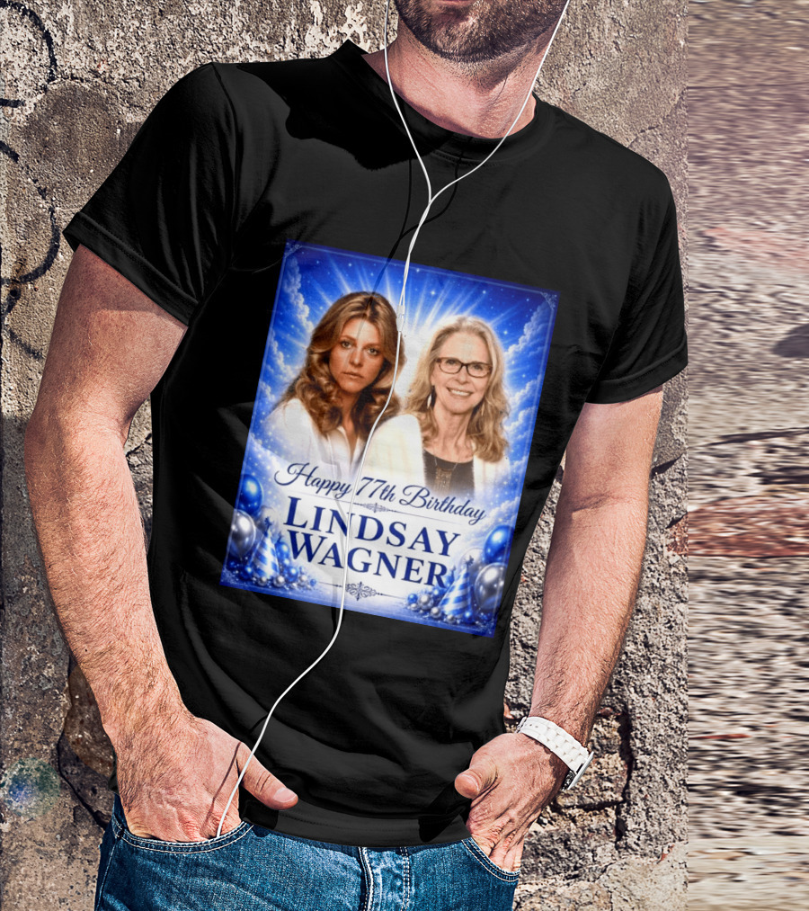 Happy 77th Birthday Celebration Lindsay Wagner Blue Party Balloons T-Shirt