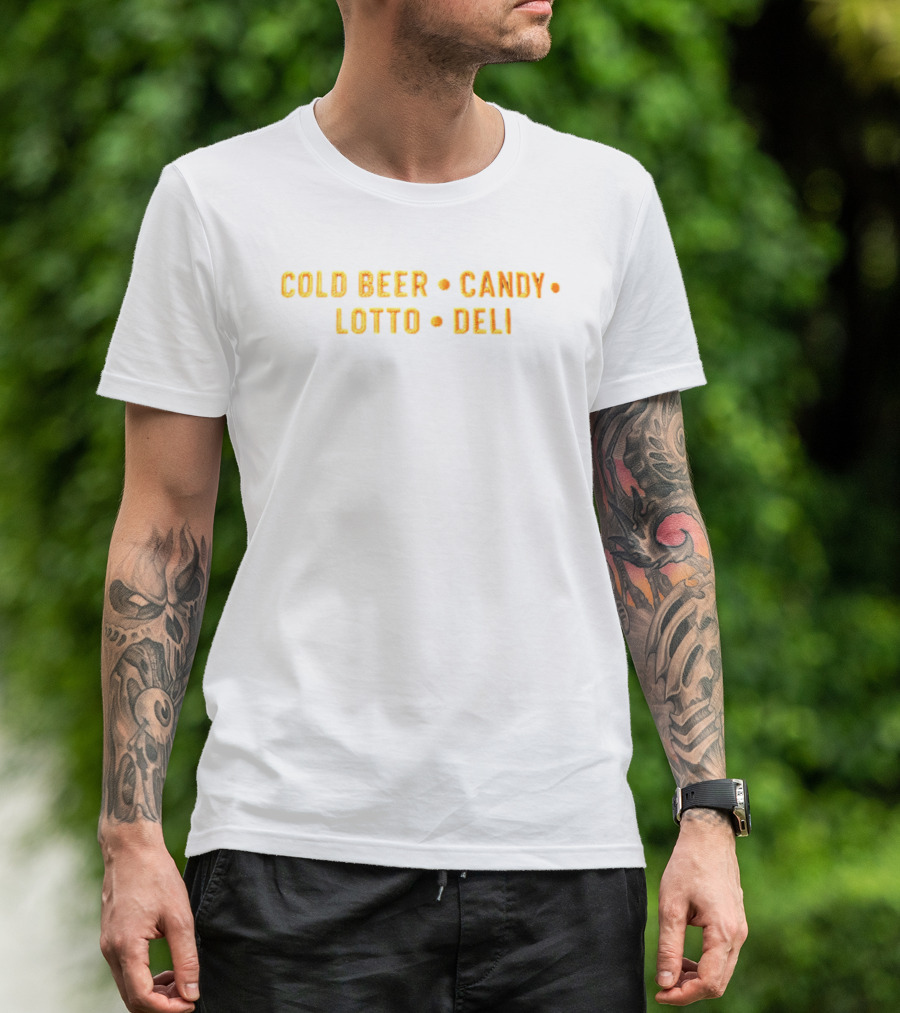 Cold Beer Candy Lotto Deli Retro Block Letters T-Shirt