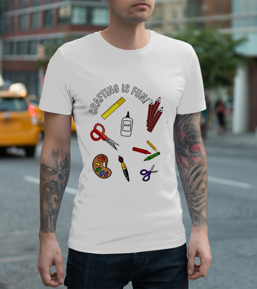 Crafting Is Fun Supplies Scissors Glue Paintbrush Crayons Palette Ruler T-Shirt