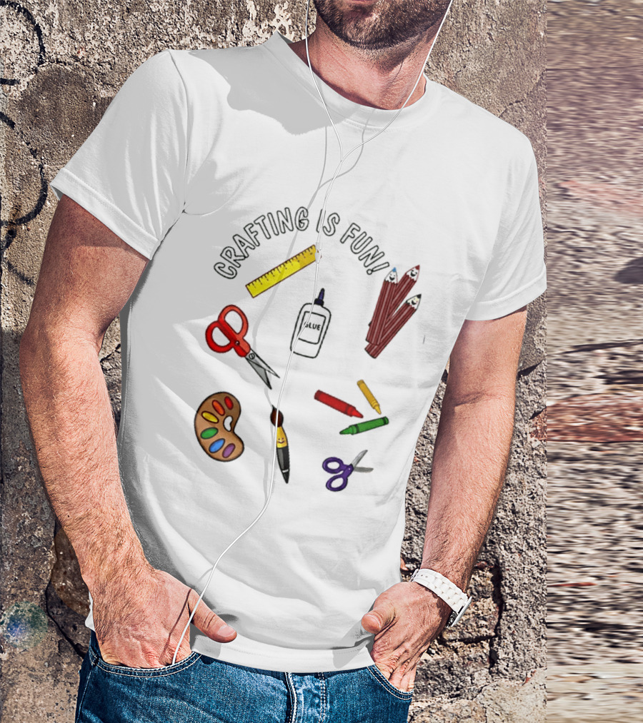 Crafting Is Fun Supplies Scissors Glue Paintbrush Crayons Palette Ruler T-Shirt