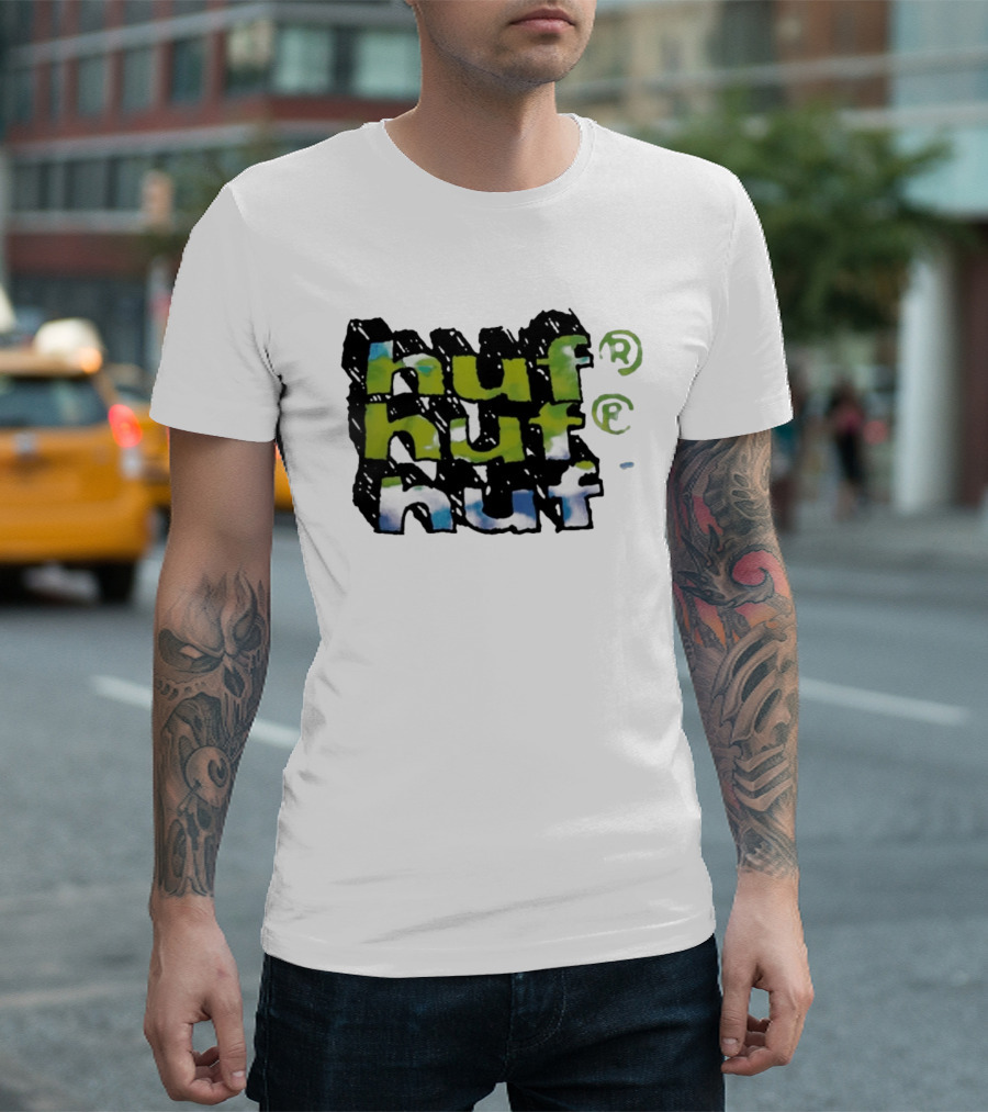 Huf Hand Stacked Triple Logo Green Blue Black T-Shirt