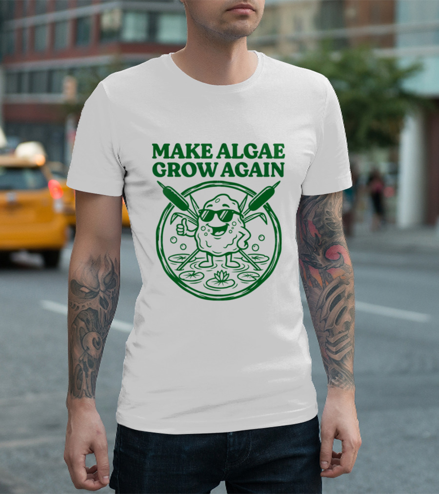 MAKE ALGAE GROW AGAIN Cartoon Thumbs Up With Sunglasses And Cattails Circular Frame T-Shirt