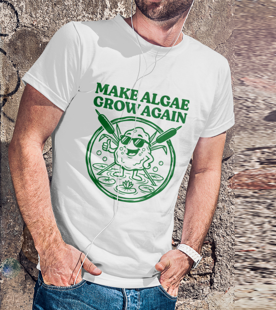 MAKE ALGAE GROW AGAIN Cartoon Thumbs Up With Sunglasses And Cattails Circular Frame T-Shirt
