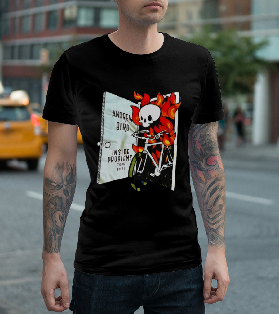 Andrew Bird Inside Problems Tour 2023 Flaming Skeleton On Bicycle T-Shirt