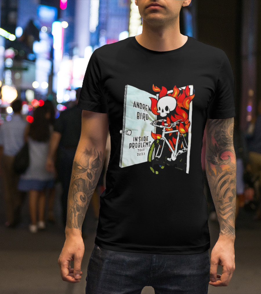 Andrew Bird Inside Problems Tour 2023 Flaming Skeleton On Bicycle T-Shirt