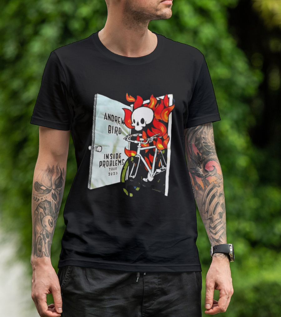 Andrew Bird Inside Problems Tour 2023 Flaming Skeleton On Bicycle T-Shirt