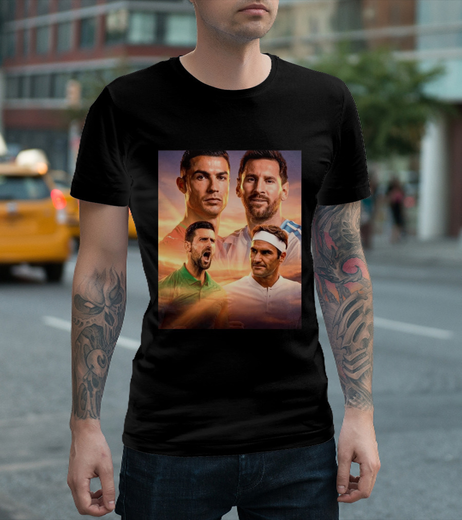 Cristiano Ronaldo Lionel Messi Novak Djokovic Roger Federer GOAT Sports Legends Celebrating Iconic Athletes T-Shirt