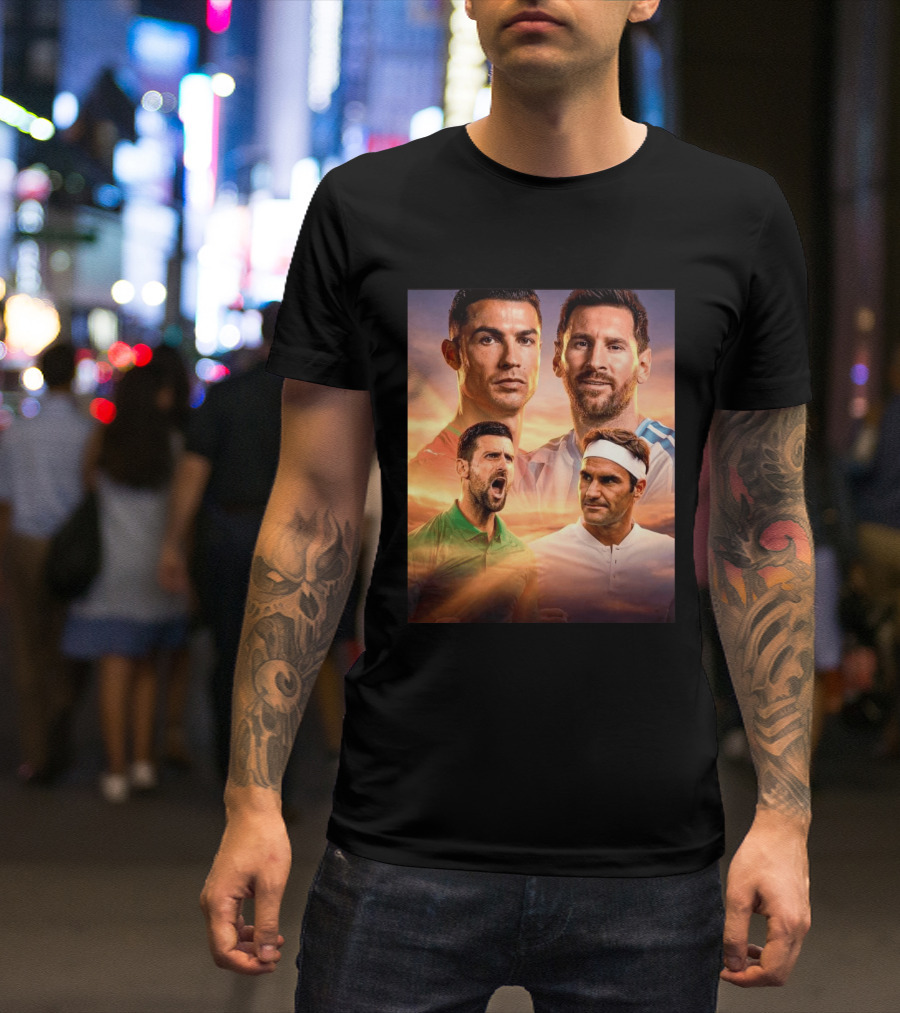 Cristiano Ronaldo Lionel Messi Novak Djokovic Roger Federer GOAT Sports Legends Celebrating Iconic Athletes T-Shirt