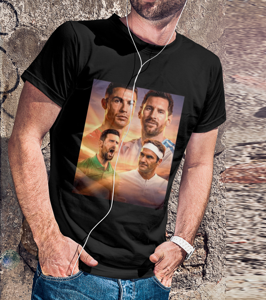 Cristiano Ronaldo Lionel Messi Novak Djokovic Roger Federer GOAT Sports Legends Celebrating Iconic Athletes T-Shirt
