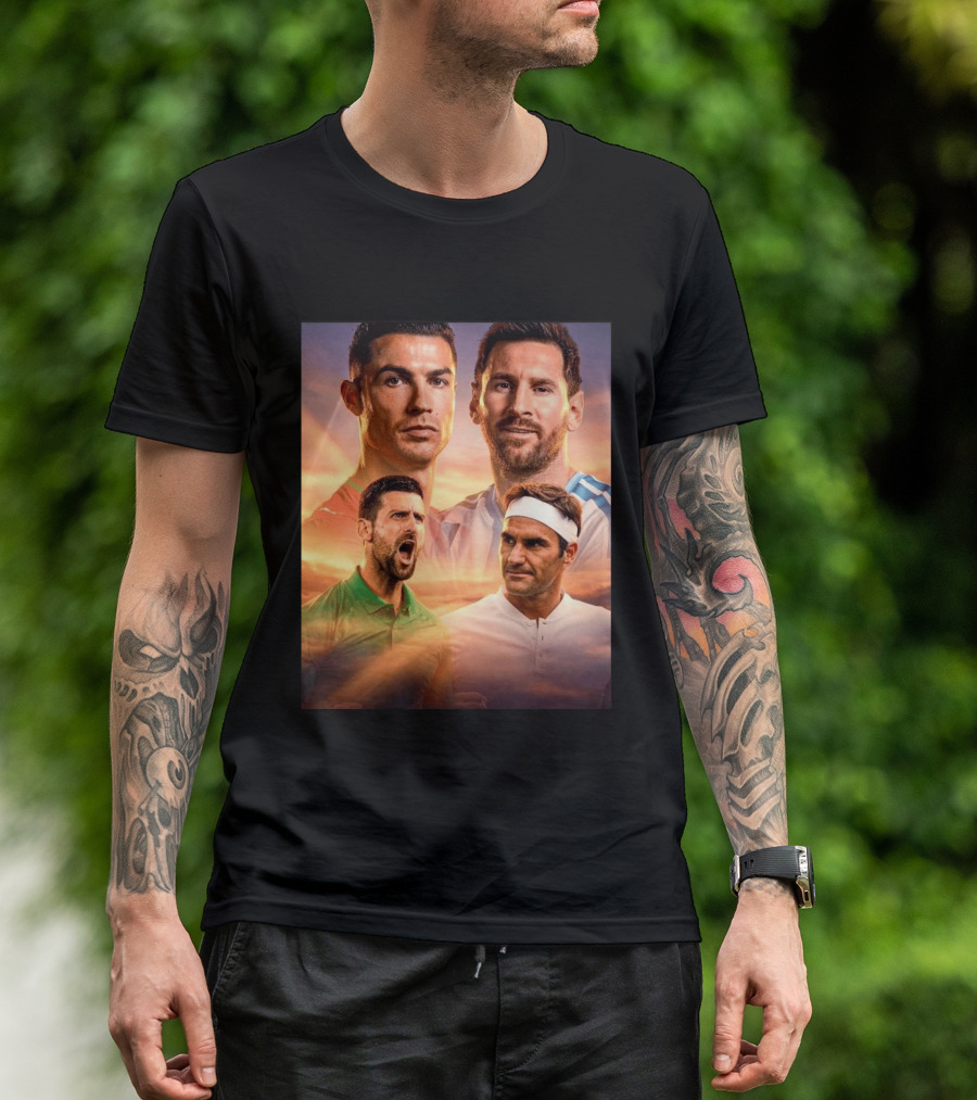 Cristiano Ronaldo Lionel Messi Novak Djokovic Roger Federer GOAT Sports Legends Celebrating Iconic Athletes T-Shirt