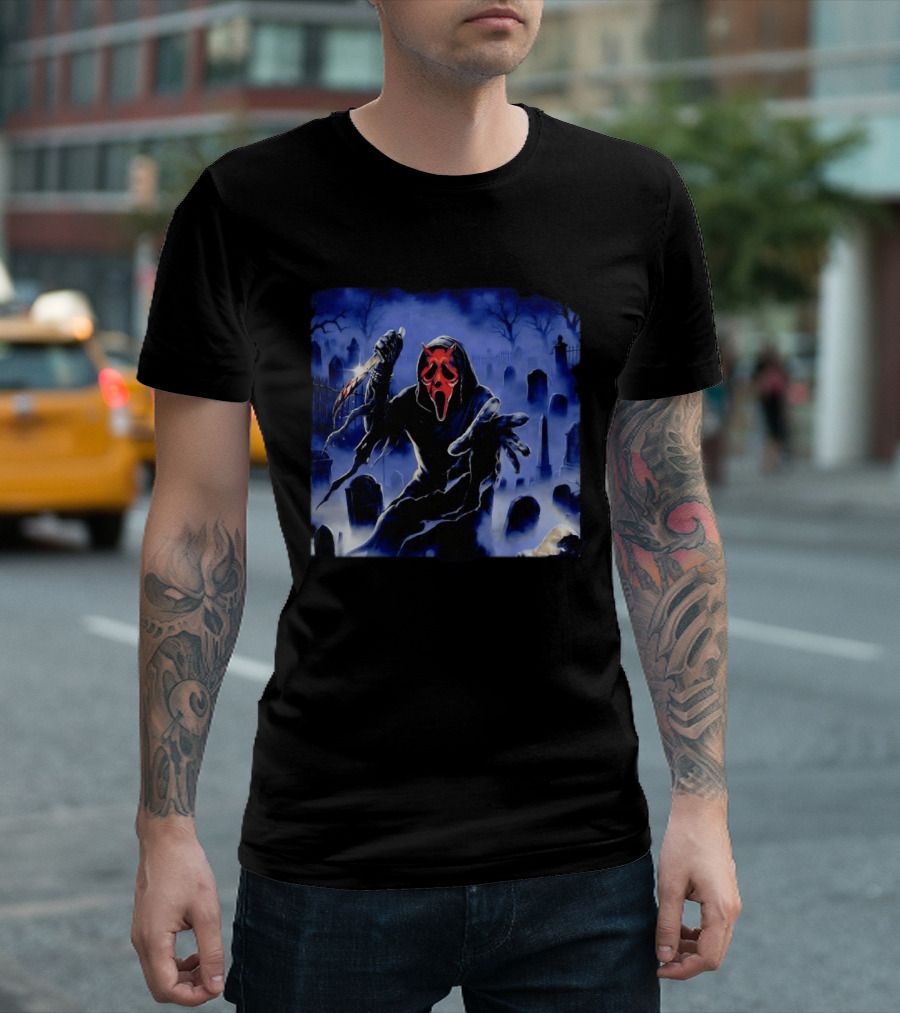 Ghostface Scream Devil Mask With Knife In Cemetery T-Shirt