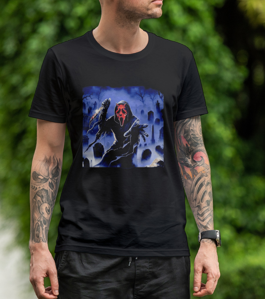 Ghostface Scream Devil Mask With Knife In Cemetery T-Shirt