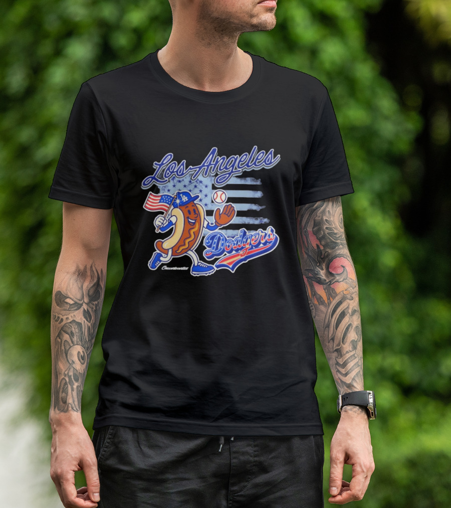 Los Angeles Dodgers Hot Dog Baseball American Flag Stars T-Shirt