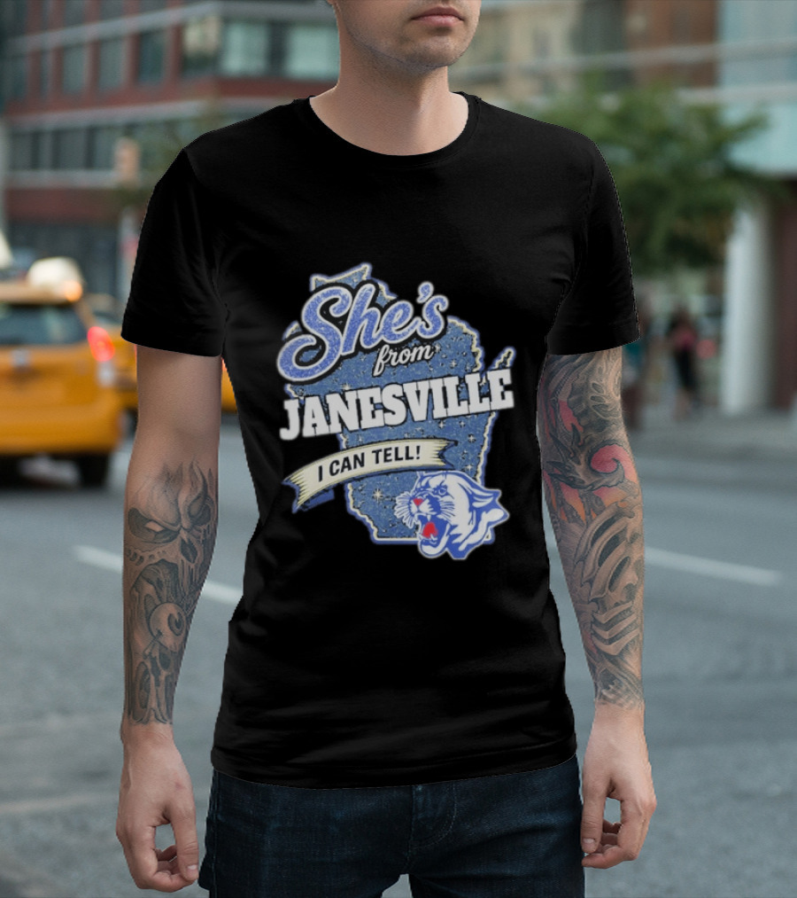 She's From Janesville I Can Tell With Wisconsin Map And Wildcat T-Shirt