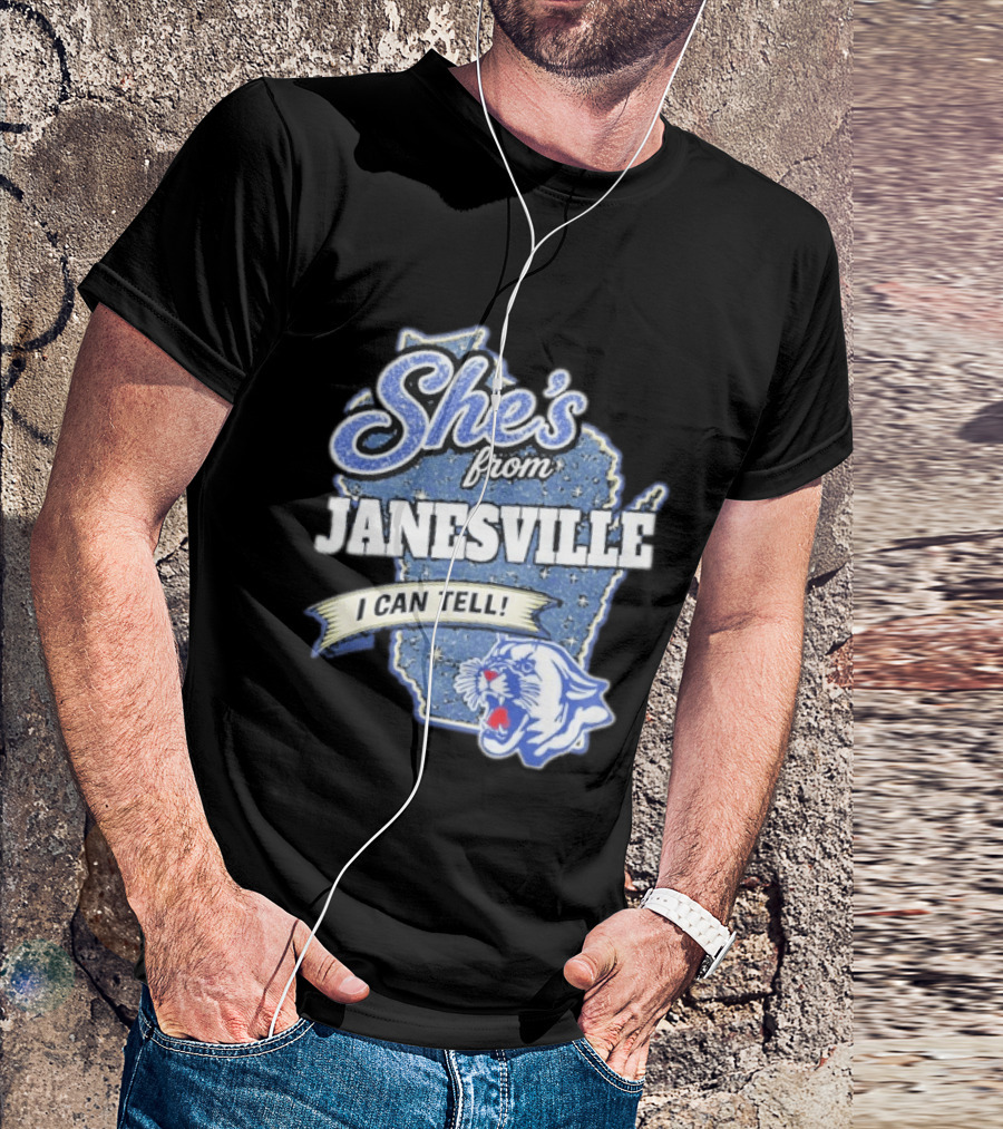 She's From Janesville I Can Tell With Wisconsin Map And Wildcat T-Shirt