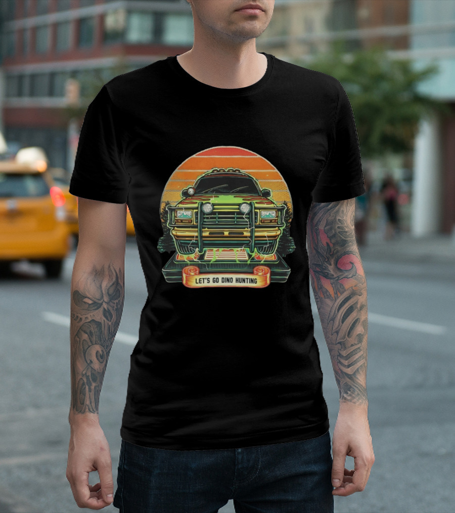 Jurassic Park Let's Go Dino Hunting Adventure Off Road Vehicle Sunset Scene T-Shirt