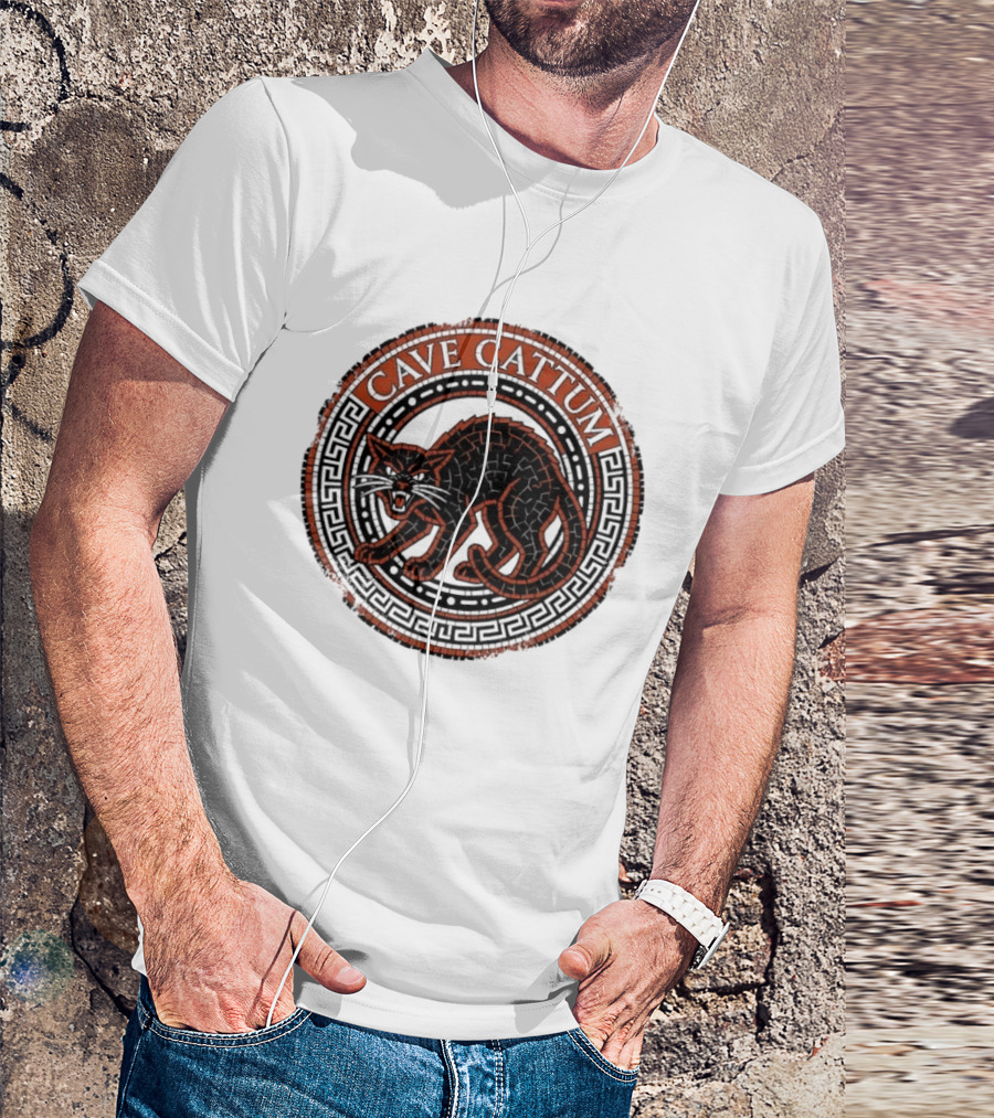 Cave Cattum Angry Cat Mosaic Roman Warning Sign T-Shirt