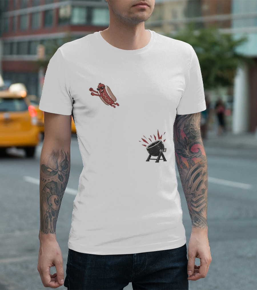 Hot Dog Jumping Into Grill Cartoon T-Shirt