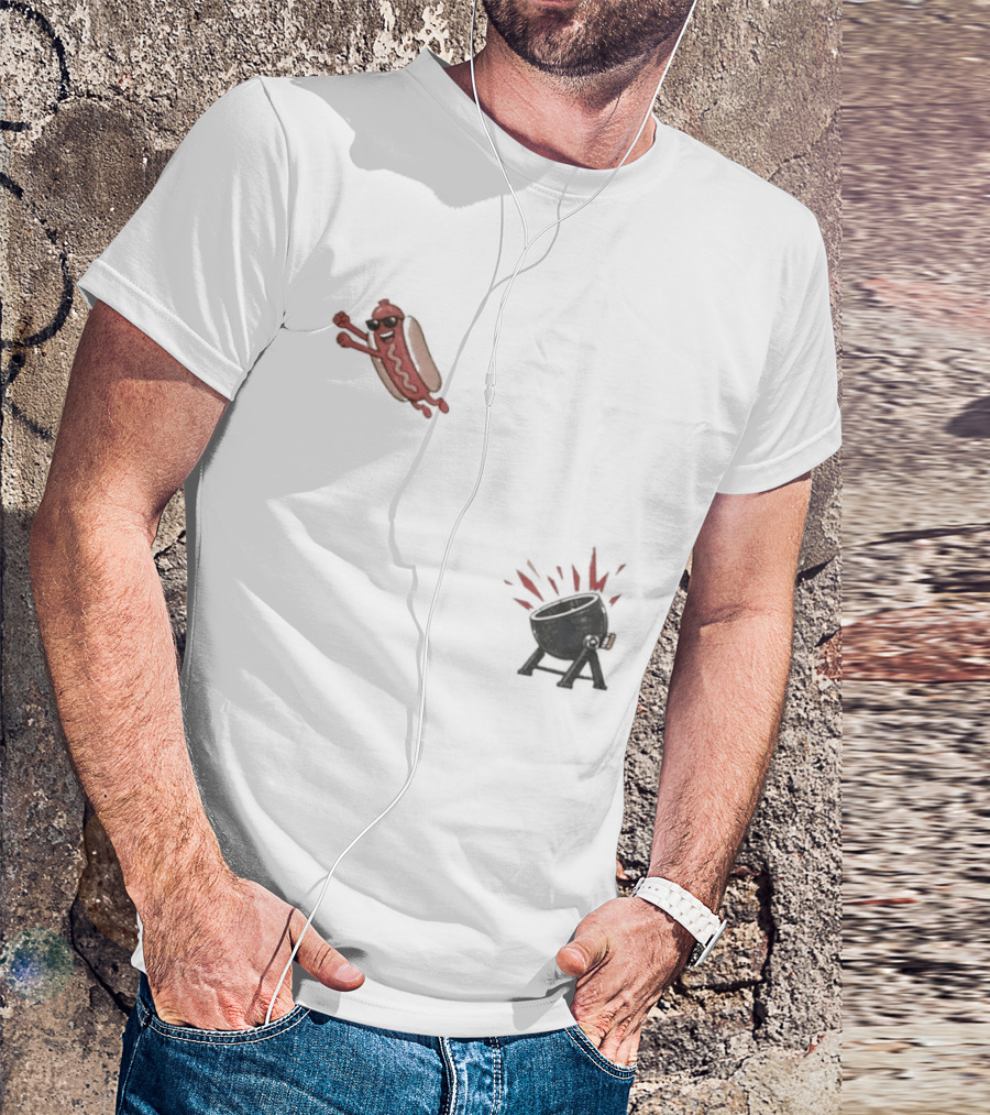Hot Dog Jumping Into Grill Cartoon T-Shirt