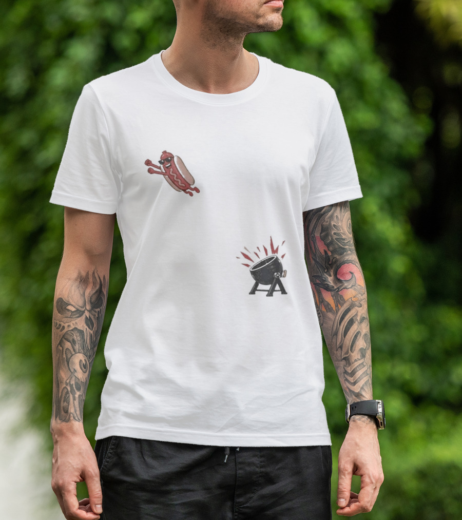 Hot Dog Jumping Into Grill Cartoon T-Shirt