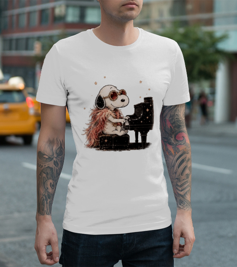 Snoopy Elton John Playing Piano Under Starry Nights T-Shirt