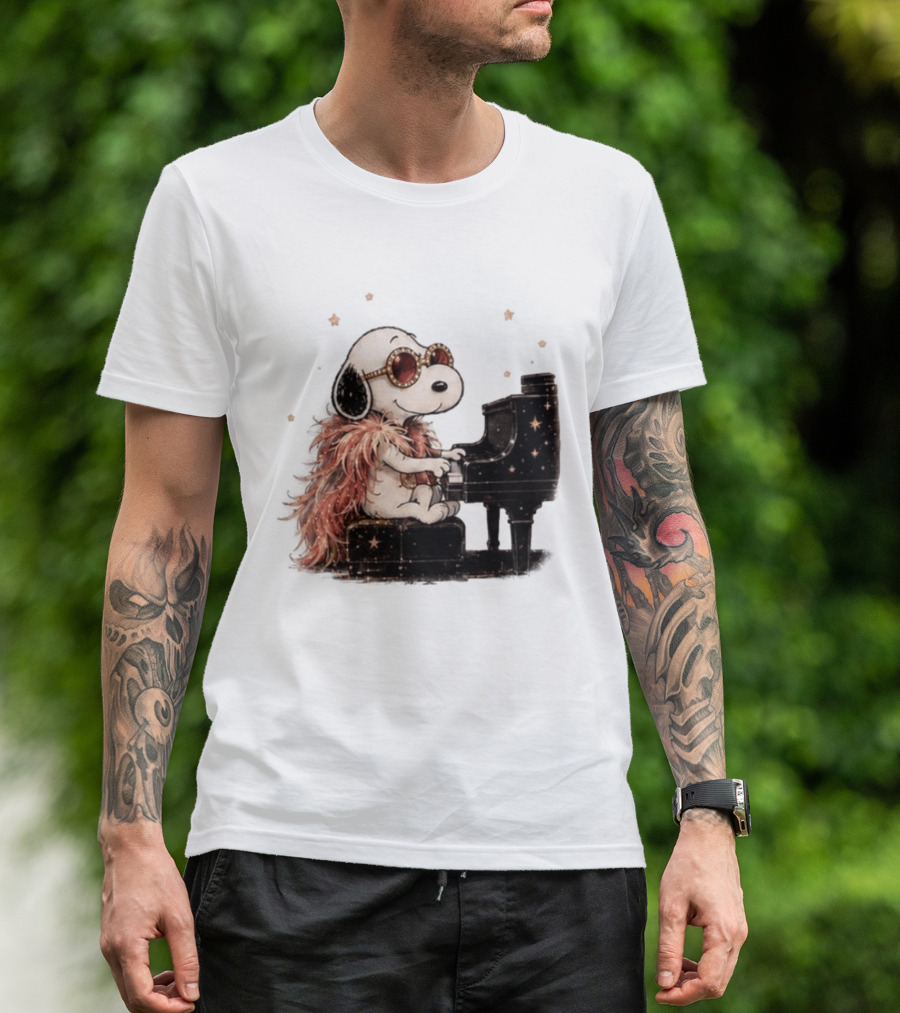 Snoopy Elton John Playing Piano Under Starry Nights T-Shirt