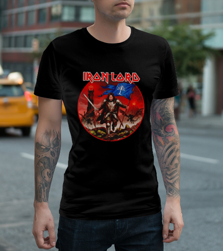 Lord Of The Rings Aragorn Iron Lord Middle Earth Battle With Flag And Sword T-Shirt