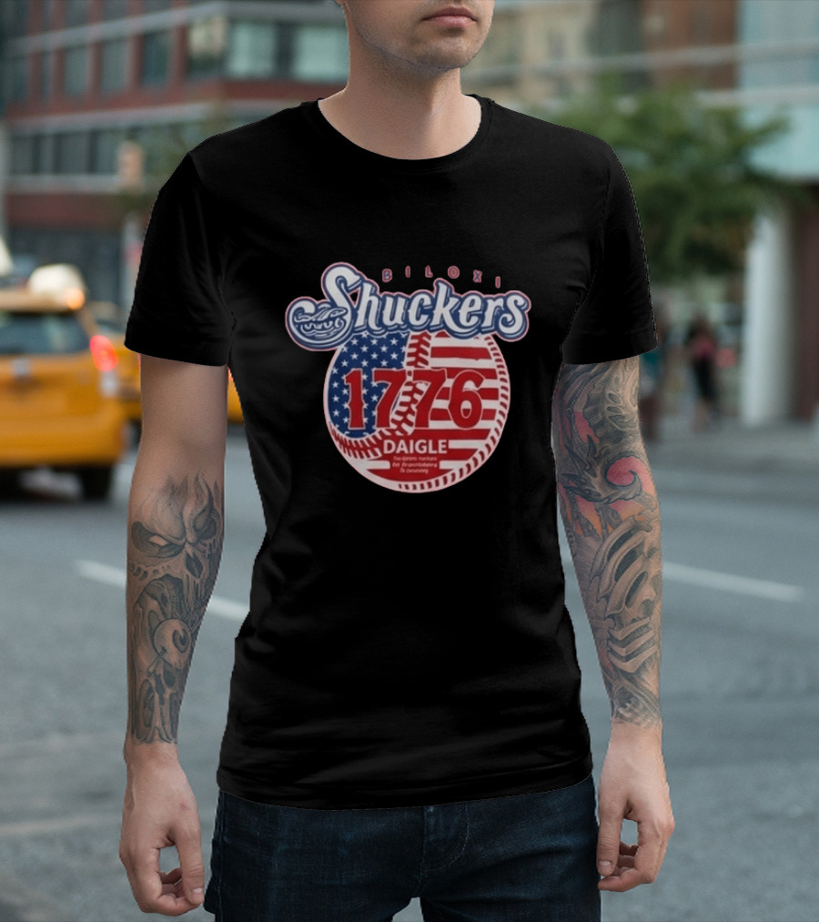 Biloxi Shuckers 1776 American Flag Baseball Daigle Text Stars Stripes T-Shirt