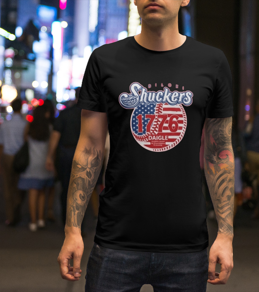 Biloxi Shuckers 1776 American Flag Baseball Daigle Text Stars Stripes T-Shirt