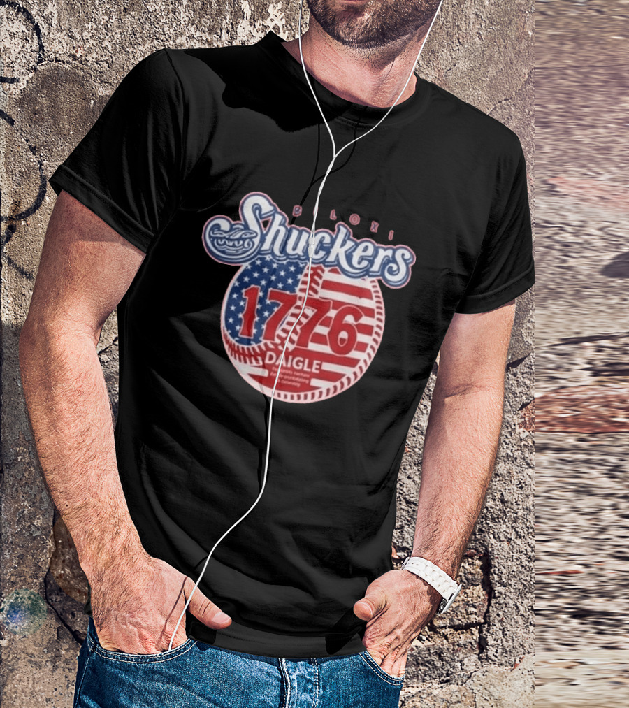 Biloxi Shuckers 1776 American Flag Baseball Daigle Text Stars Stripes T-Shirt